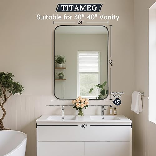 Miniatura 9 de TITAMEG Espejo de baño de 22 x 30 pulgadas, espejo rectangular dorado con esquina redonda, espejo rectangular con marco de metal para baño, sala de