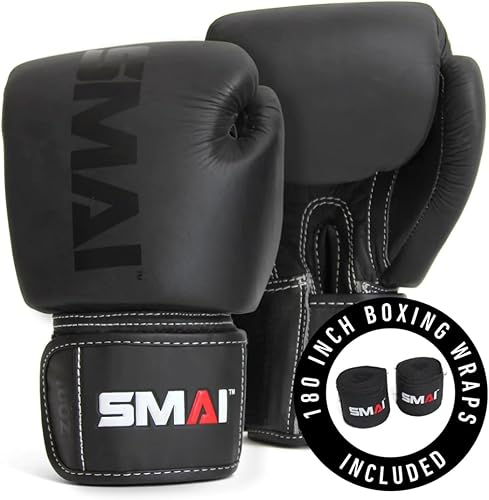 Miniatura 2 de SMAI Elite85 Leather Boxing Gloves Plus 180" Black Boxing Wraps - Competition Boxing Mitts Made for Sparring, Kickboxing, Bag Work and Muay Thai