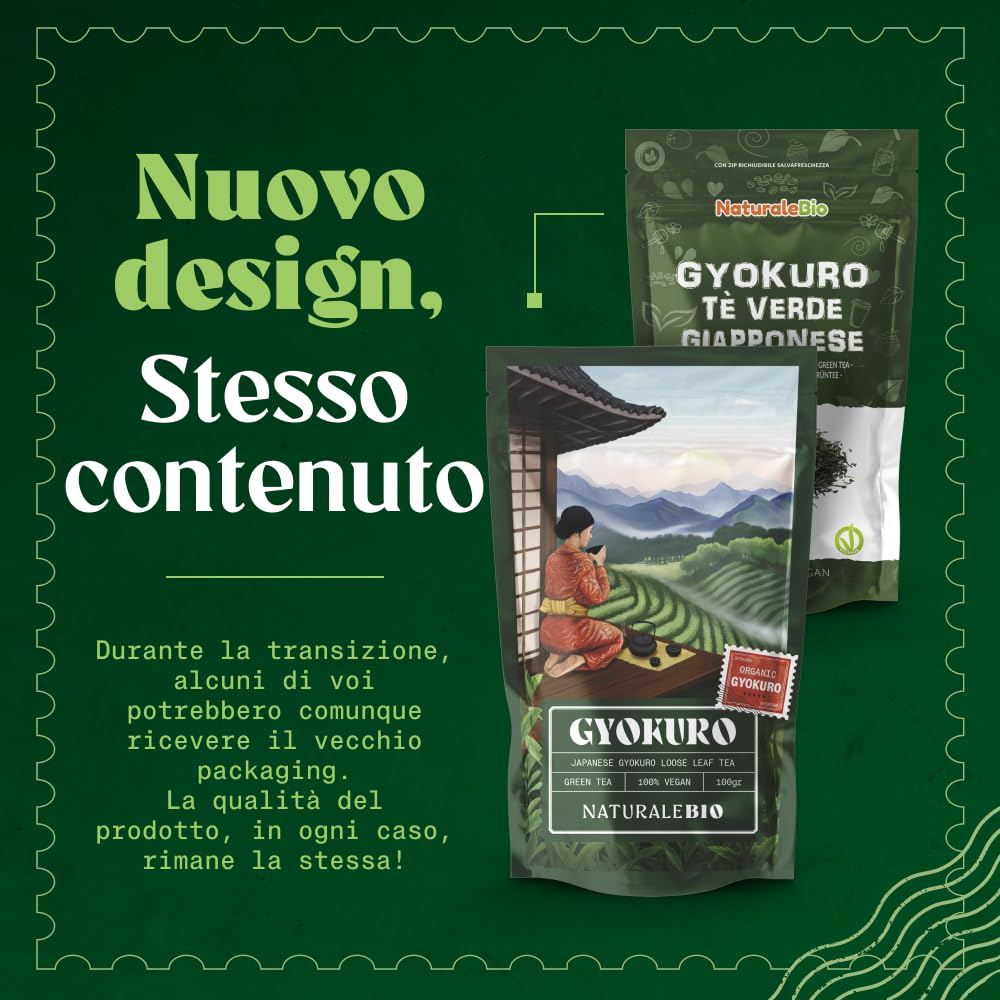 NaturaleBio Tè verde Gyokuro Giapponese Biologico da 100g. Bio, Naturale e Puro, Thè verde in foglie di primo raccolto coltivato in Giappone. Organic Japanese Gyokuro Green Tea.