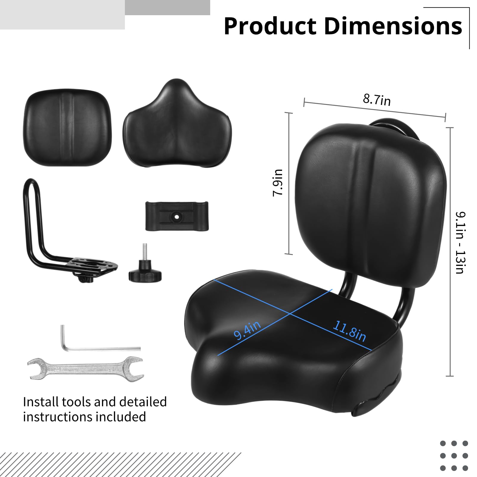 Siège de vélo surdimensionné avec dossier, selle large en polyuréthane avec dossier réglable pour tricycle ou vélo