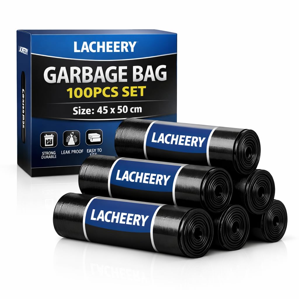 LACHEERY Garbage Bags 100 Count (45x50 cm) | Heavy Duty Black Trash Bags | Tear Resistant & Leak Proof Disposable Bin Liners | 5 Rolls Garbage Bag for Kitchen, Bathroom, Office & Home-image-20