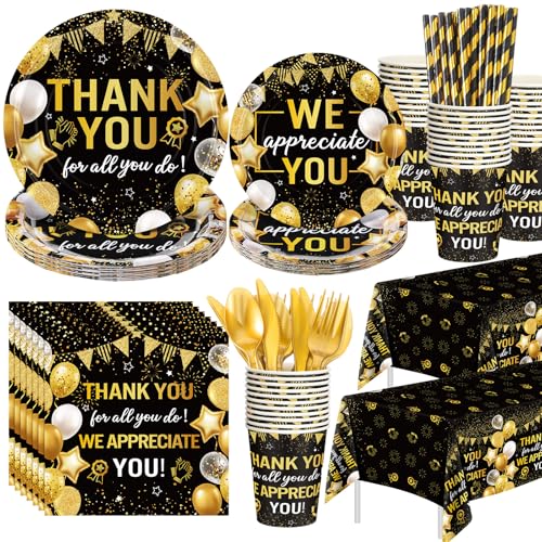 Image of Funnymoom 452 Pcs Black Gold We Appreciate You Decoration for 50, Thank You Paper Plates Napkins Cups Tablecloth Set for Administrative Professional Day Employee Teacher Volunteer Appreciation Supply