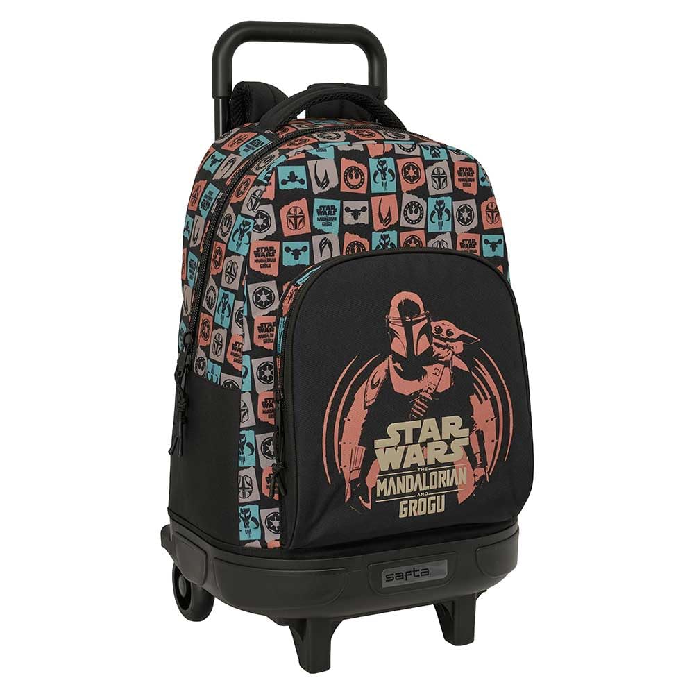 Safta | Mochila Grande con Ruedas Mandalorian & Grogu Compact Evolution Extraíble, Mochila Escolar Juvenil Lavable, Espalda y Hombreras Acolchadas, Portabotellas, Base Reforzada, Medidas 33x22x45 cm