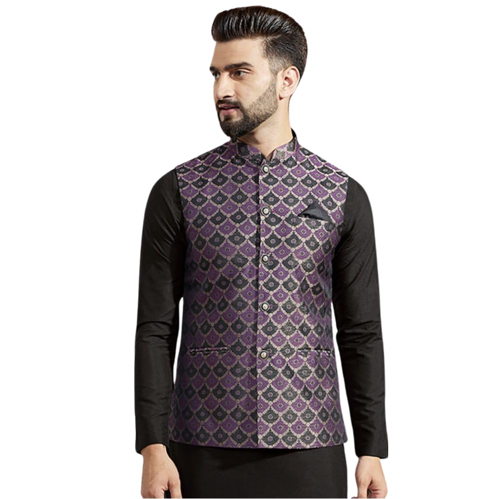 kisah Men's Nehru Jacket, Mustard Silk Blend, Woven Design Regular Fit Mandarin Collar Sleeveless-picture-32