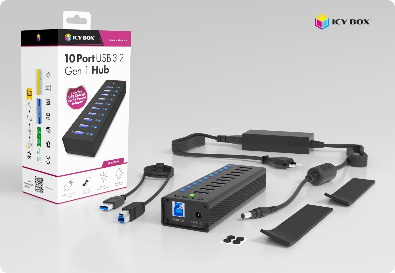 RAIDSONIC Technology GmbH Icy Box IB-AC6110 Hub USB 3.0 a 10 Vie con Alimentazione (12V/4A), Porta di Ricarica, Alluminio Pieno, Fissaggio in Velcro, Nero