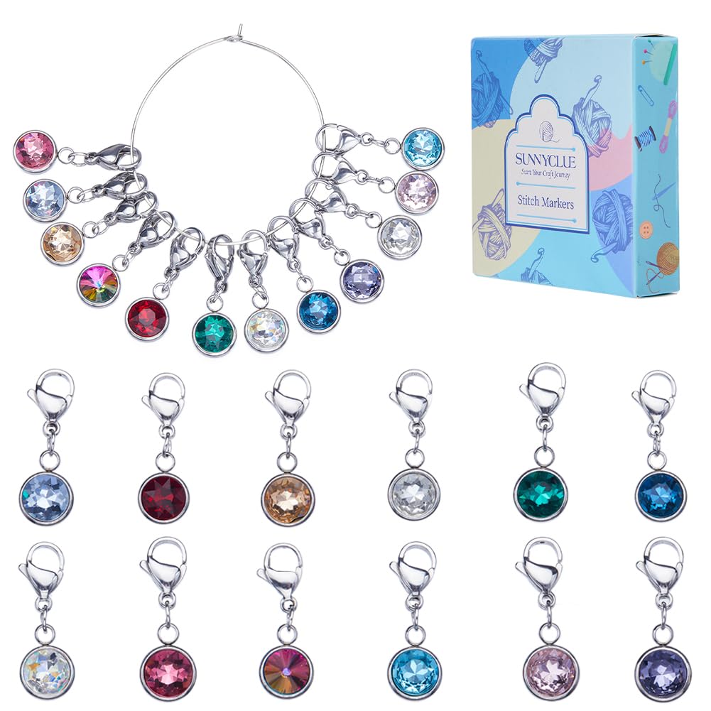 SUNNYCLUE 1 Box 12pcs Knitting Stitch Markers Knitting Crochet Markers Rhinestone Crystal Brirthstone Charms Crochet for Weaving Sewing Needleworks DIY Craft Gift Supplies