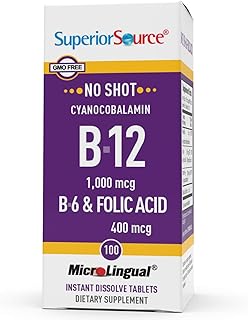 Superior Source No Shot Vitamin B12 Cyanocobalamin (1000 mcg), B6, Folic Acid, Quick Dissolve Sublingual Tablets, 100 Ct, Increase Energy, Healthy Heart, Boost Metabolism, Stress Support, Non-GMO