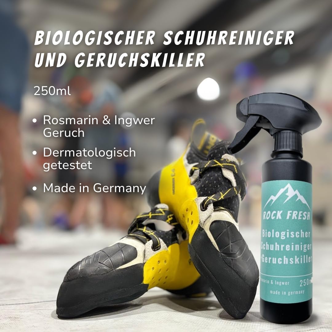 Biologisches Schuhdeo & Schuhspray gegen Käsefüße/Schweißfüße 250 ml Konzentrat – biologischer Geruchsentferner gegen stinkende Schuhe – für Kletterschuhe, Boulderschuhe und mehr | Rock Fresh | Biologisch & probiotisch – Schuhreinigung und Schuhdeo in ein
