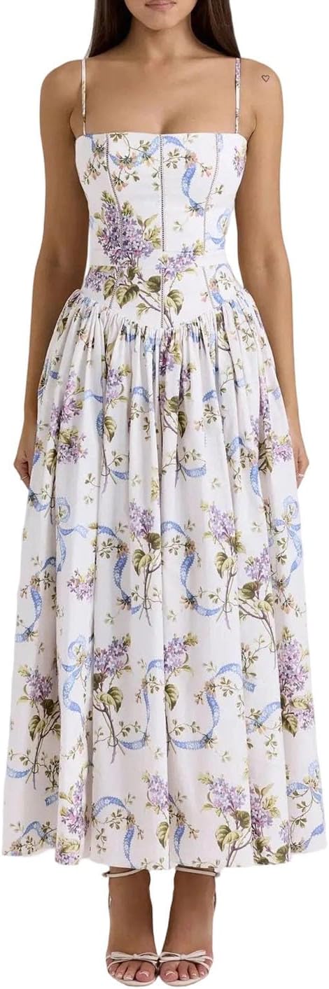 Women's Thin Straps Square Neck Sleeveless Summer Slim Fit Floral Commuter Long Dress