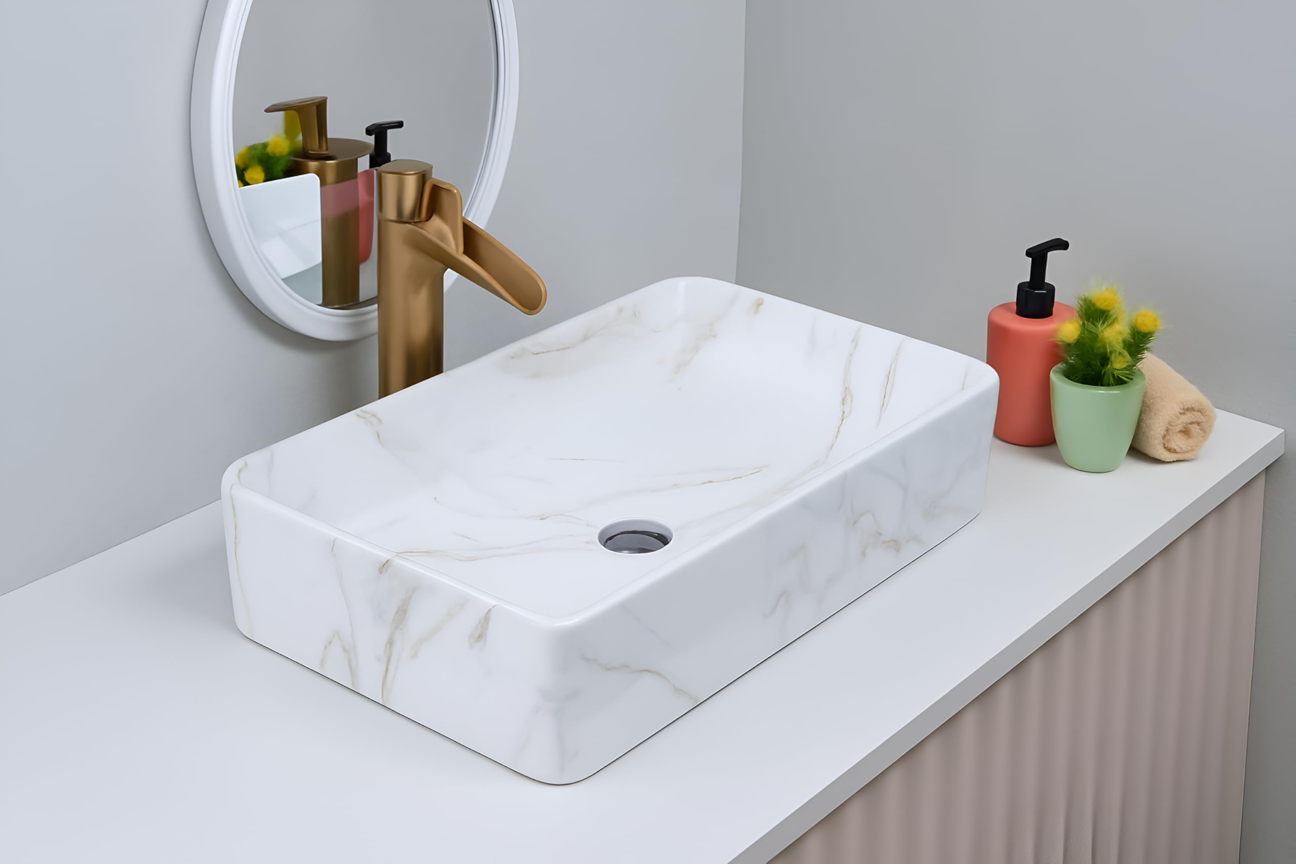 SEA SHORE Ceramic Table Top Wash Basin β Over Counter Slim Rim Vessel Sink for Bathroom & Living Room (24 x 13 x 5.5 Inch, White & Grey) 3