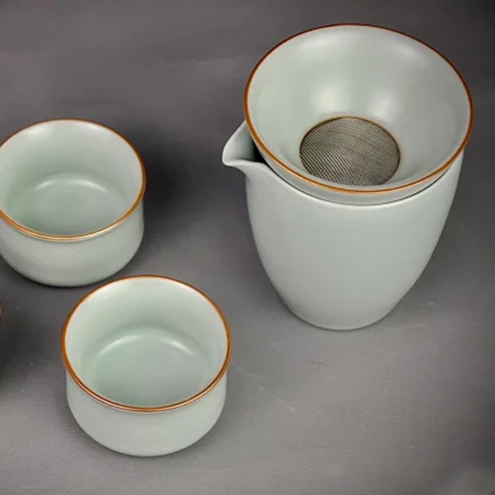 Juego de té de cerámica china, cubierta de cuenco de porcelana Ru cian claro, 6 tazas de té con bolsa de regalo, regalos originales, juego de té único para adultos/amantes del té/mujeres/hombres