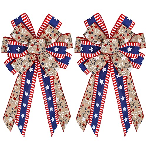 Whaline 2Pcs Patriotic Large Wreath Bow Red Blue White Stars and