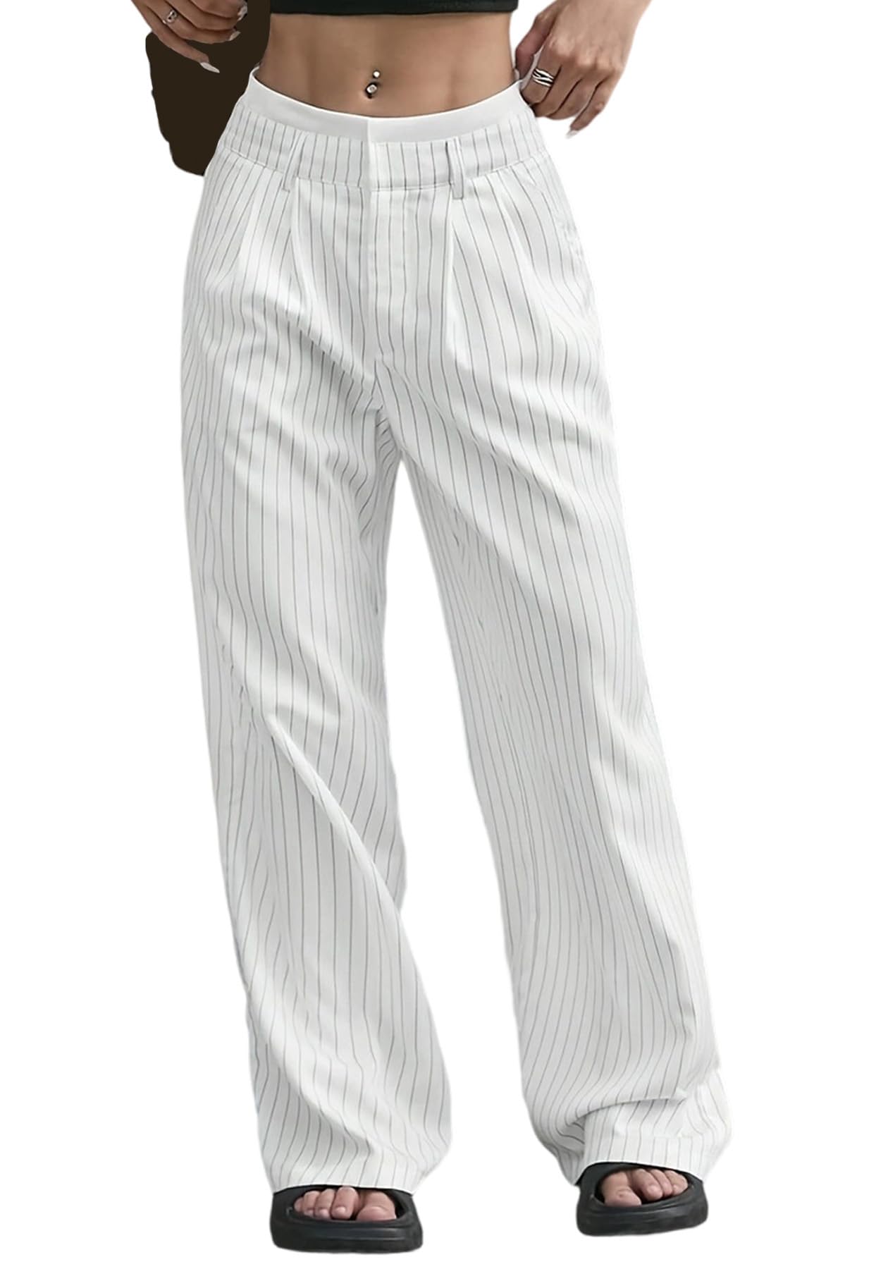 LKOUS Womens High Waisted Dress Pants Stretchy Wide Leg Striped Trousers Casual Work Office Pants with Pockets