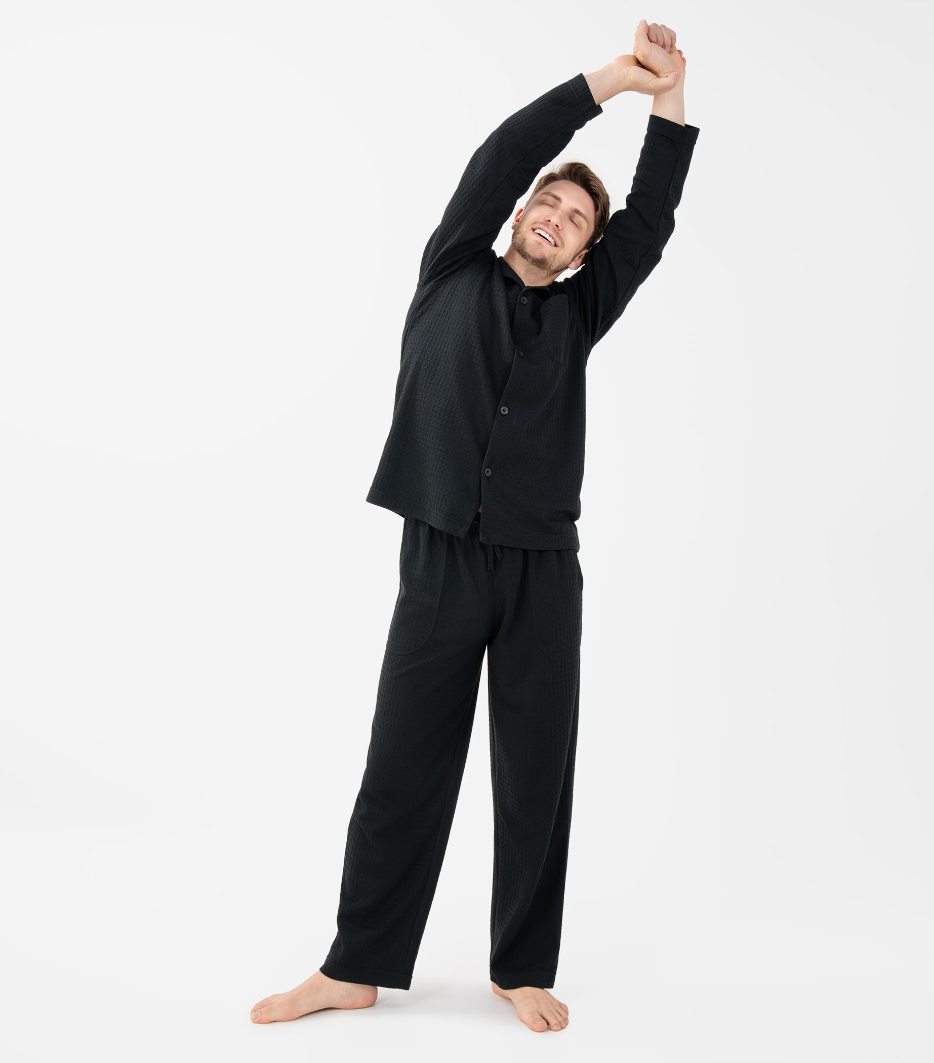 DAVID ARCHY Conjunto de pijama de algodón suave con cuello con muescas para hombre, manga larga, con bolsillos y bragueta frontal, Negro - Tejido de poliéster gofre (sin bragueta), Medium