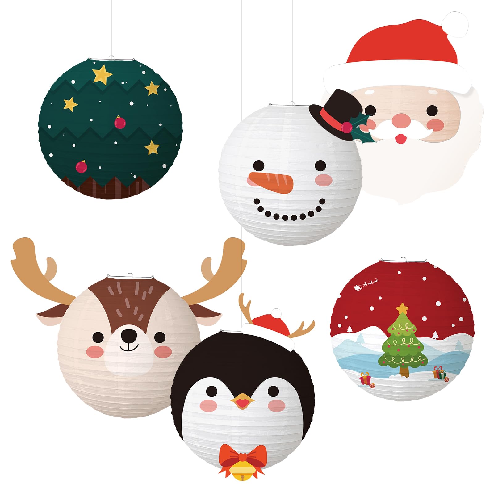 6 Pcs Christmas Hanging Paper Lanterns, 30cm Reindeer Santa Snowman Christmas Tree Round Hanging Paper Lanterns for Xmas Home Decoration Supplies Props Holiday Decor
