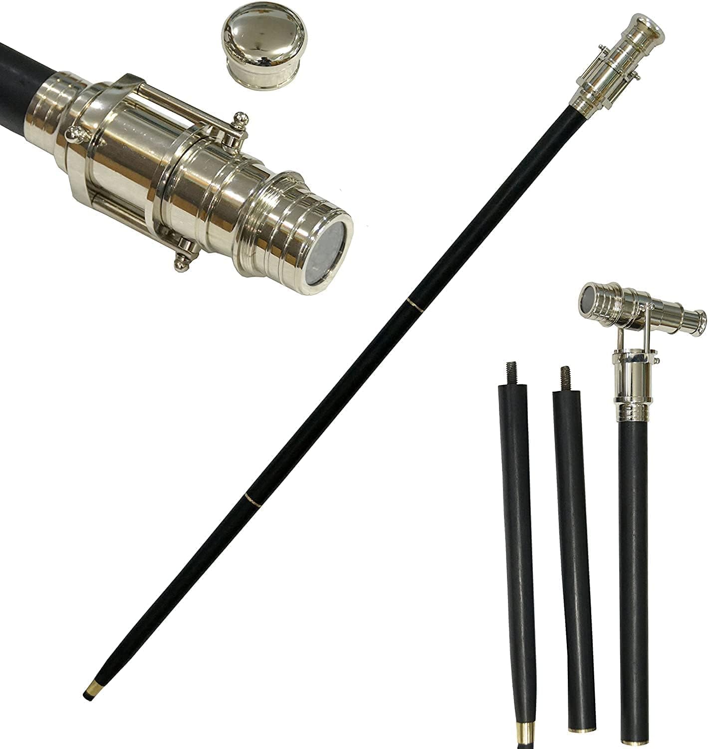 Bastone da passeggio in ottone vintage con manico telescopico canna in legno, manico cromato con testa in vetro spyglass nero bastone da passeggio in stile vittoriano 3 bastone pieghevole 37 pollici