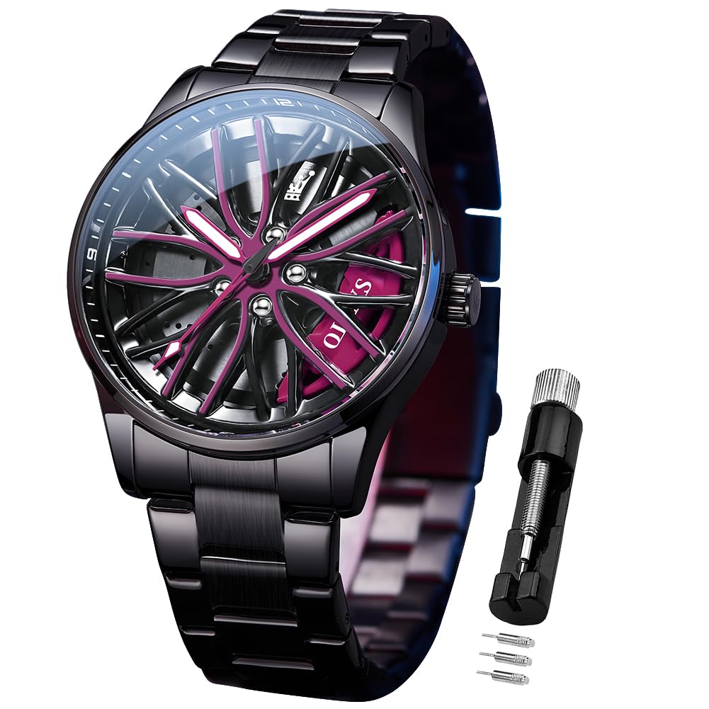 OLEVS Herrenuhren Drehende Auto-Rad Quarzuhren Modischer Sport Edelstahl Herrenarmbanduhr Leuchtend Wasserdicht für Männer