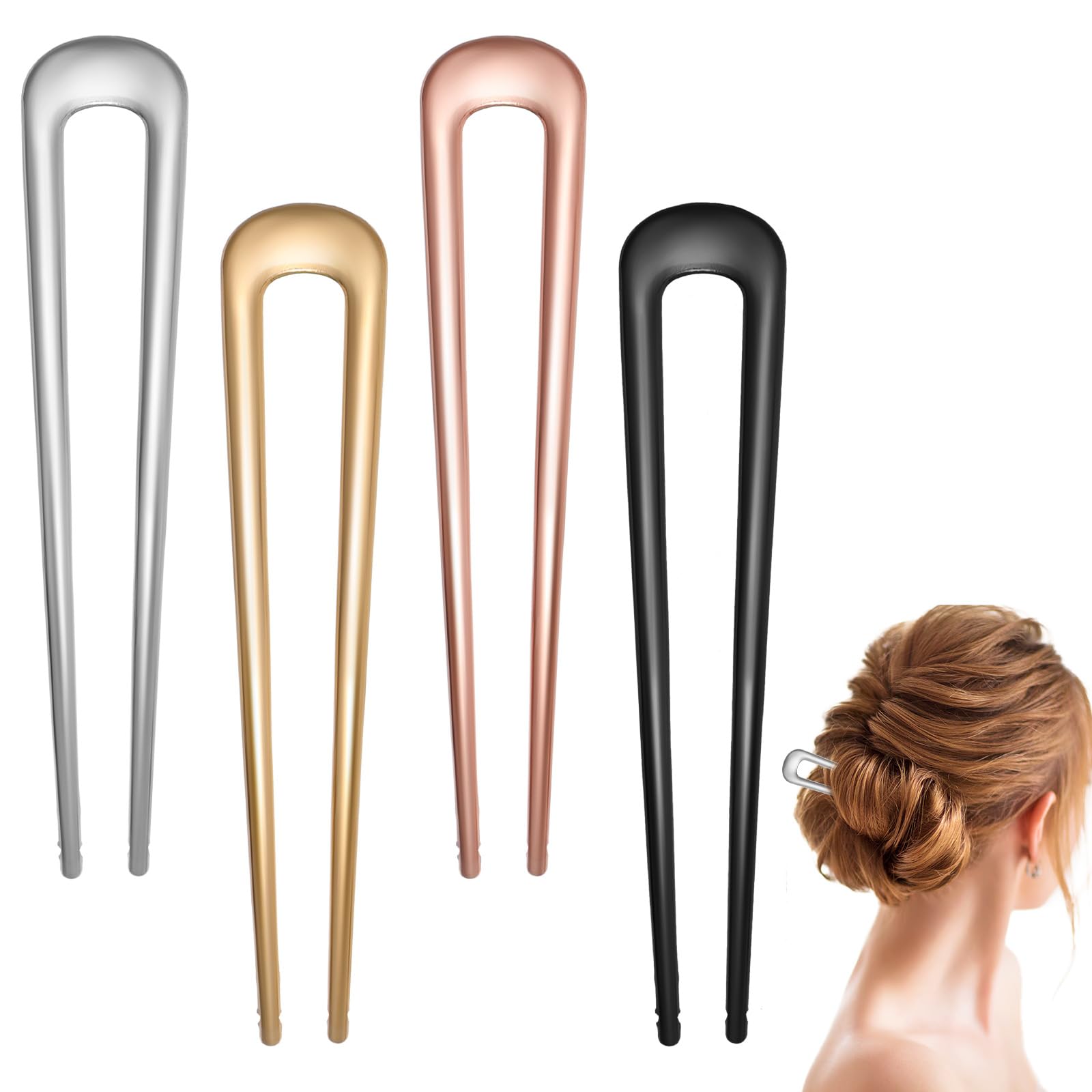 Heclia French Hair Pins 4PCS Large U Shaped Hairpins for Girls Women Metal Vintage French Twist Hair Pins for Bun Chignons Updos Elegant 2 Prong Sticks for Wedding Updo Hairstyles and Top Knots