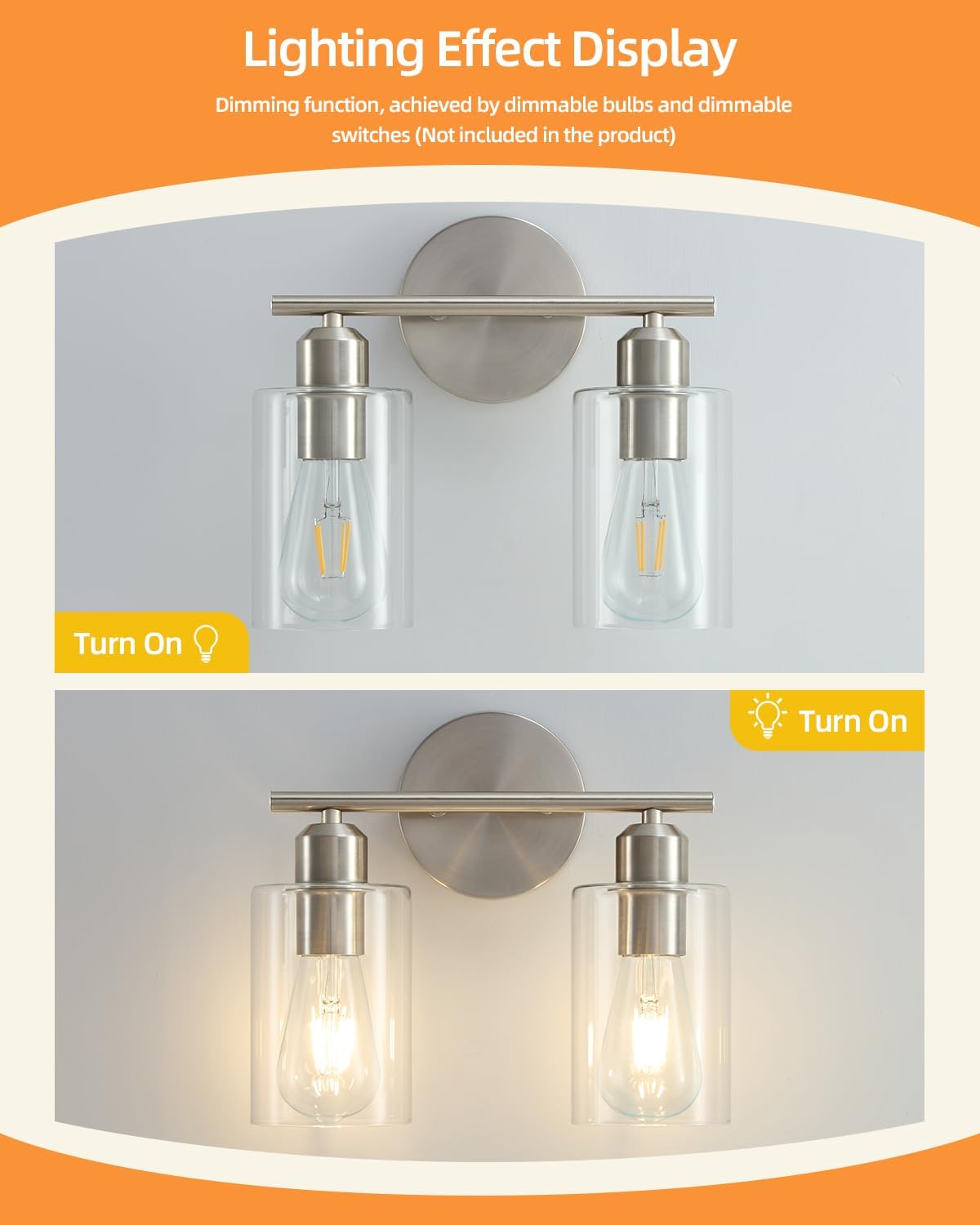 Brushed Nickel 2-Light Vanity Fixture with Clear Glass Shades