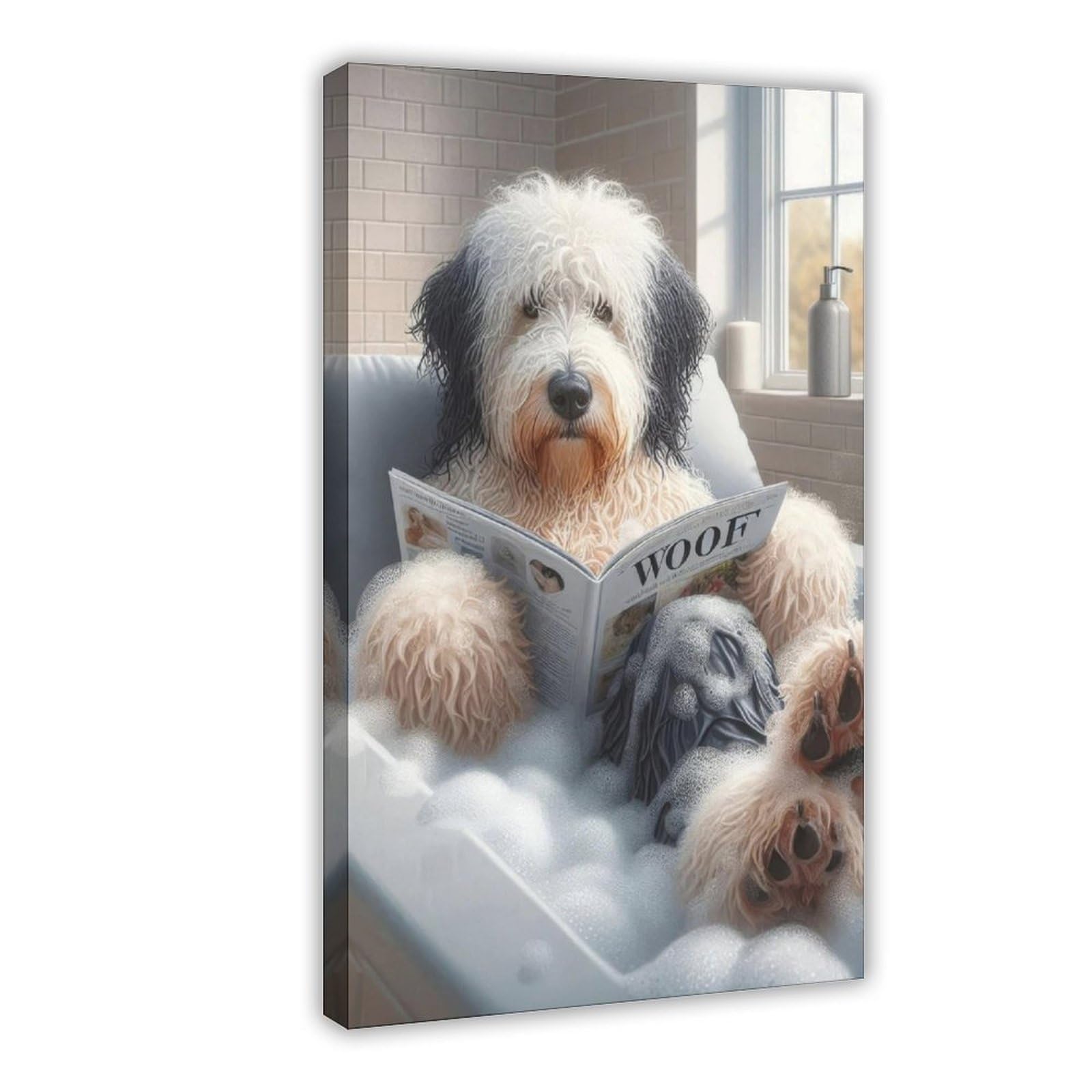 Nffbgfd Funny Old English Sheepdog Bathtub Print Canvas Poster Bedroom Decor Landscape Decor Gift 16X24inch(40X60cm)