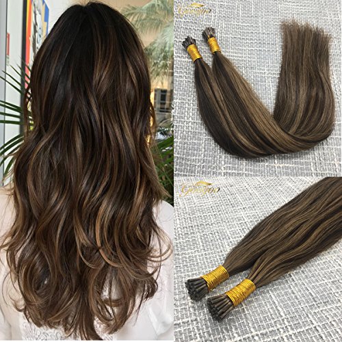 Googoo Remy Straight I Tip Cold Fusion Ombre Human Hair Extensions 1g Per Strand 50 Strands Dark Brown Mixed Chesnut Brown Highlight Hair Extensions 16 inch