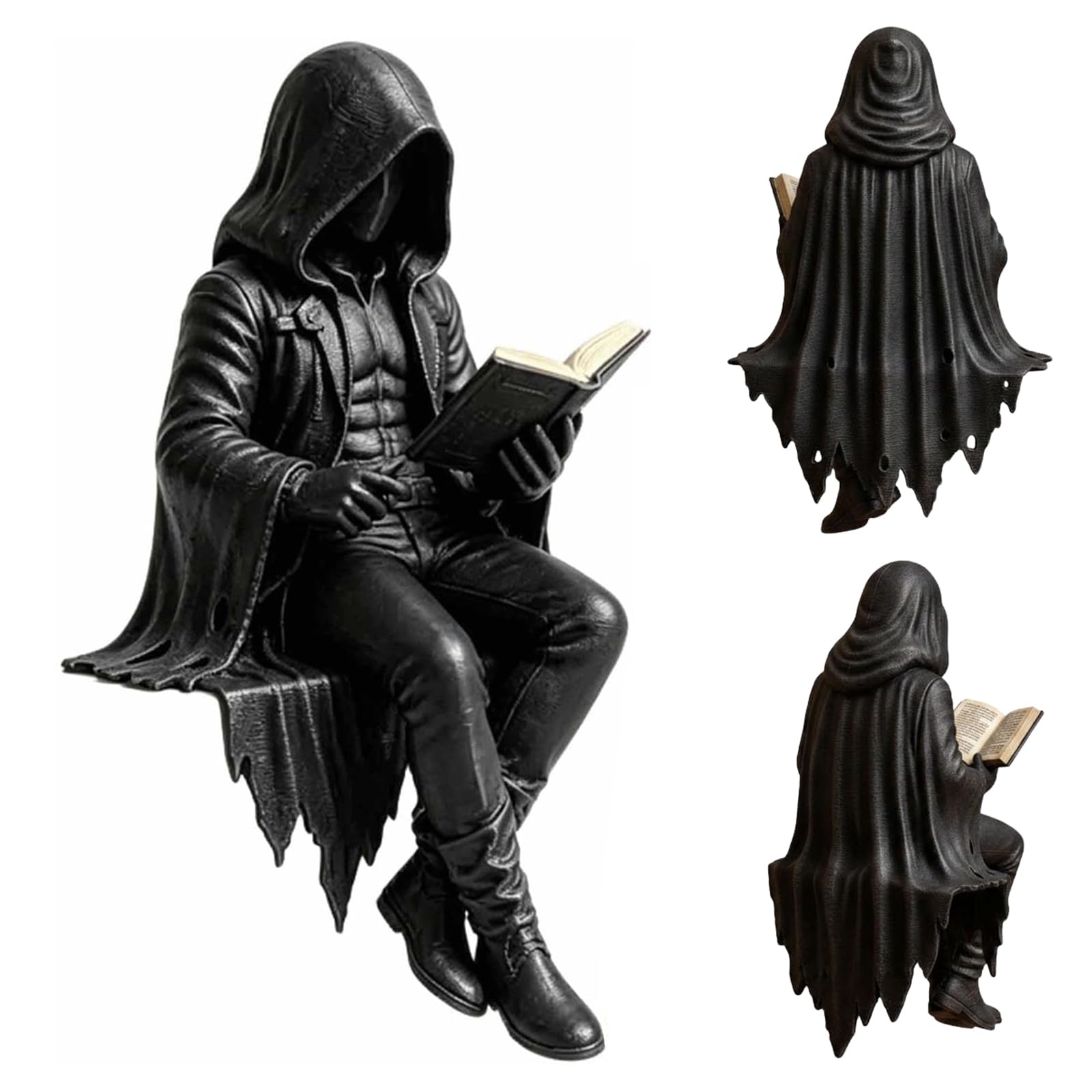 Figurine de lecture gothique faucheuse en résine noire pour étagère