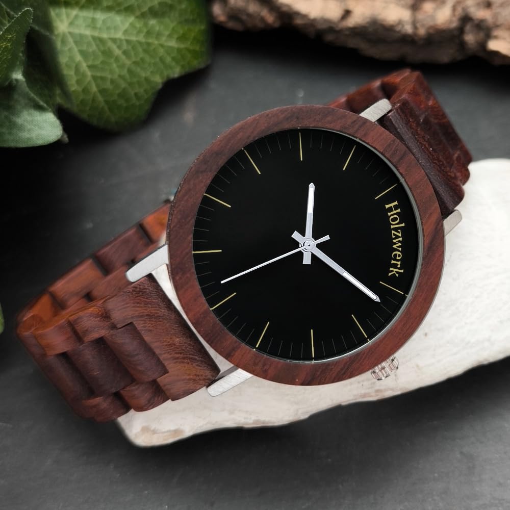 Holzwerk Germany Ręcznie wykonany designerski zegarek męski ekologiczny naturalny drewniany zegarek bransoletka zegarek analogowy klasyczny zegarek kwarcowy brązowy czarny, bransoletka