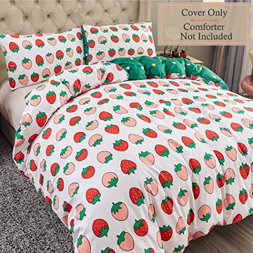 Lamejor Cute Strawberry / Hearts Duvet Cover Set Queen Size Reversible Sweet Soft Kid's Bedding Set Comforter Cover (1 Duvet Cover+2 Pillowcases) White/Green #TOP1