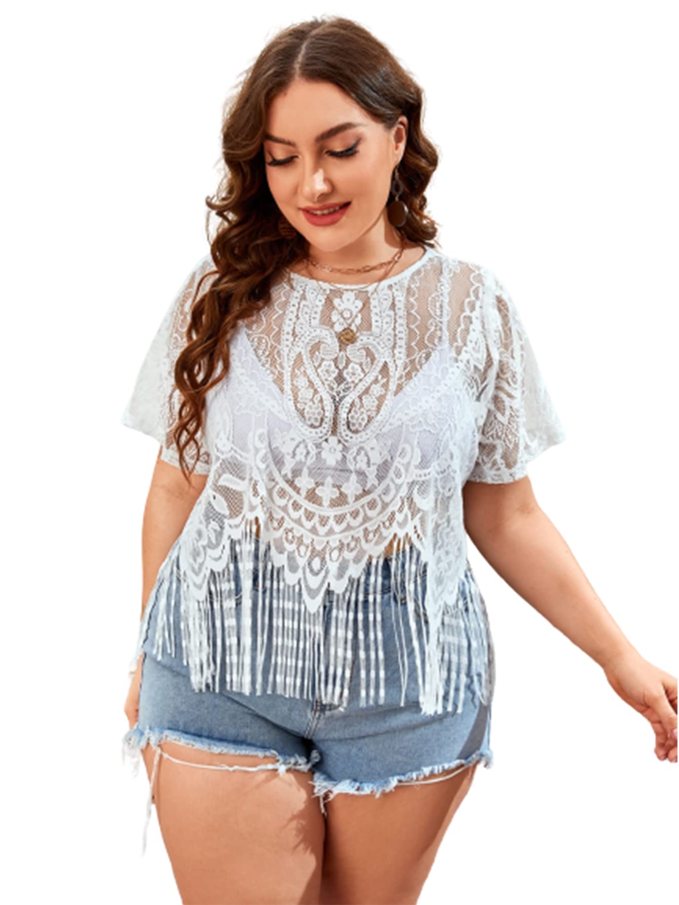 SOLY HUXWomen's Plus Size Sheer Lace Fringe Hem Short Sleeve Tee T Shirt Tops