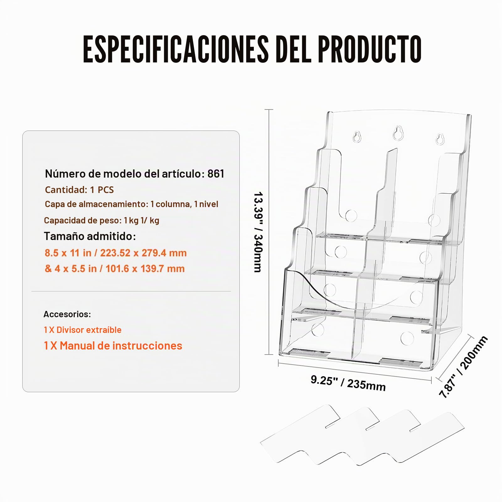 VEVOR Soporte para Folletos de Acrílico de 223,52 x 279,4 mm, Expositor de Literatura de Acrílico Transparente de 4 Niveles, Organizador de Literatura para Exhibición Montado en Encimera o Pared