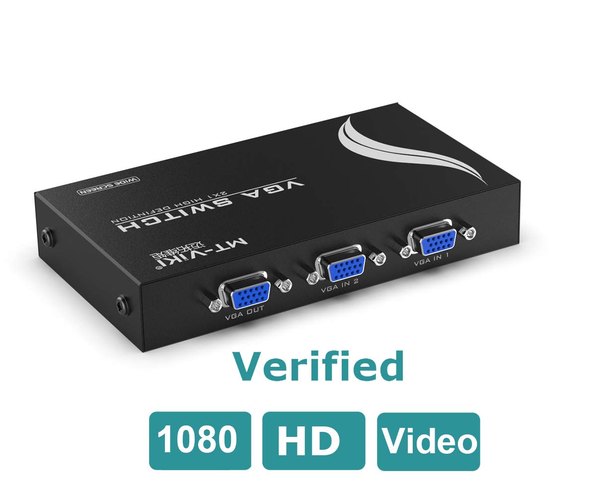 MT-VIKI Przełącznik VGA 2 w 1 wyjście VGA Audio Video Switcher Box, z ręcznym przyciskiem przełącznika Full HD 1080P do laptopa, telewizora, projektora, wyświetlacza HDTV