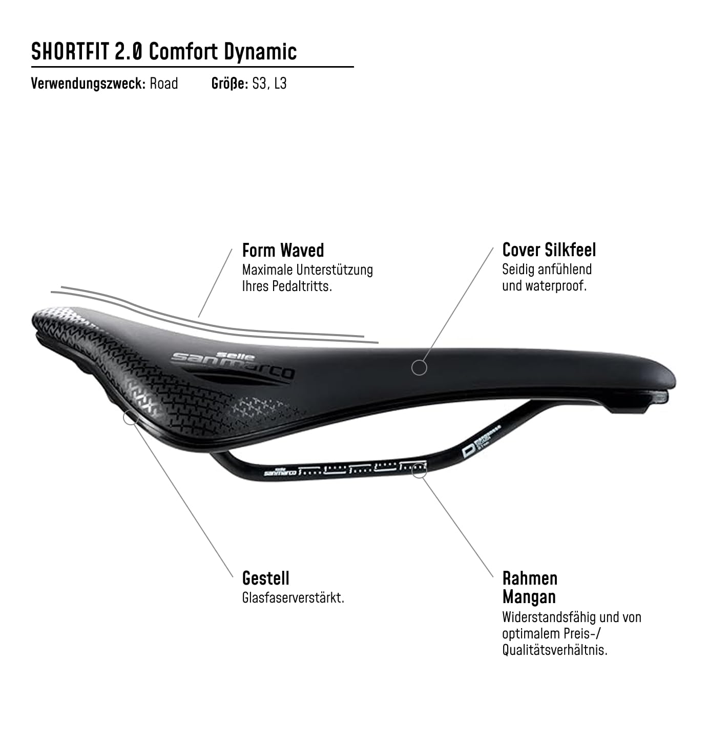 Selle San Marco SHORTFIT 2.0 Comfort Dynamic – Leichter Rennradsattel mit extra Polsterung, anatomischer Bohrung, Mangan-Schienen – Größe