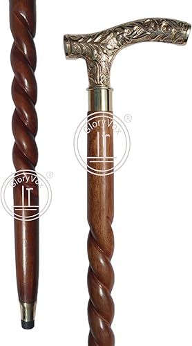 Bastón de senderismo – Bastones Derby para hombres y mujeres – 37 pulgadas marrón ébano latón mango en forma de T en tono dorado madera natural