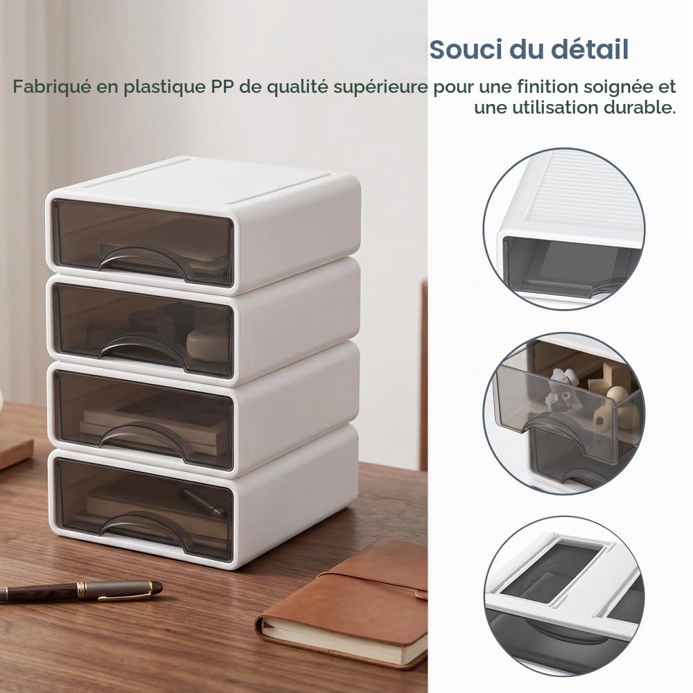 Lot de 5 Boîtes de Rangement Empilables, Organisateur de Bureau avec Tiroirs, 4 Petits + 1 Grand, Contenant en Plastique Blanc pour Papeterie, École, Maison, Gain de Place