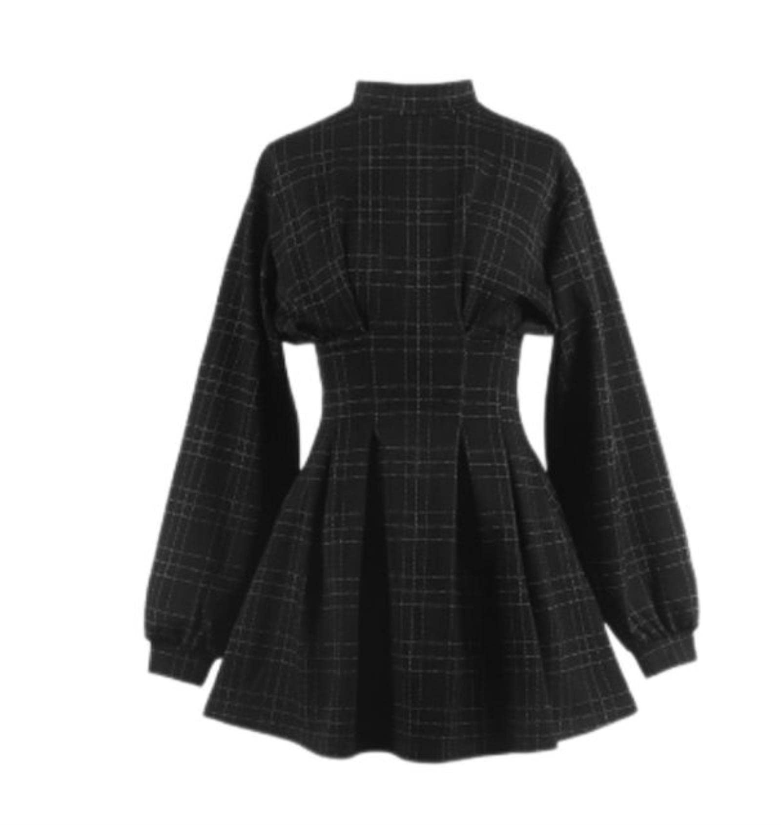WEITING Goth Dress Gothic Harajuku Vintage Plaid Wrap Balck Mini Dress Retro Pleated Punk Long Sleeve Dark Aesthetic Kpop-Gray grid,M