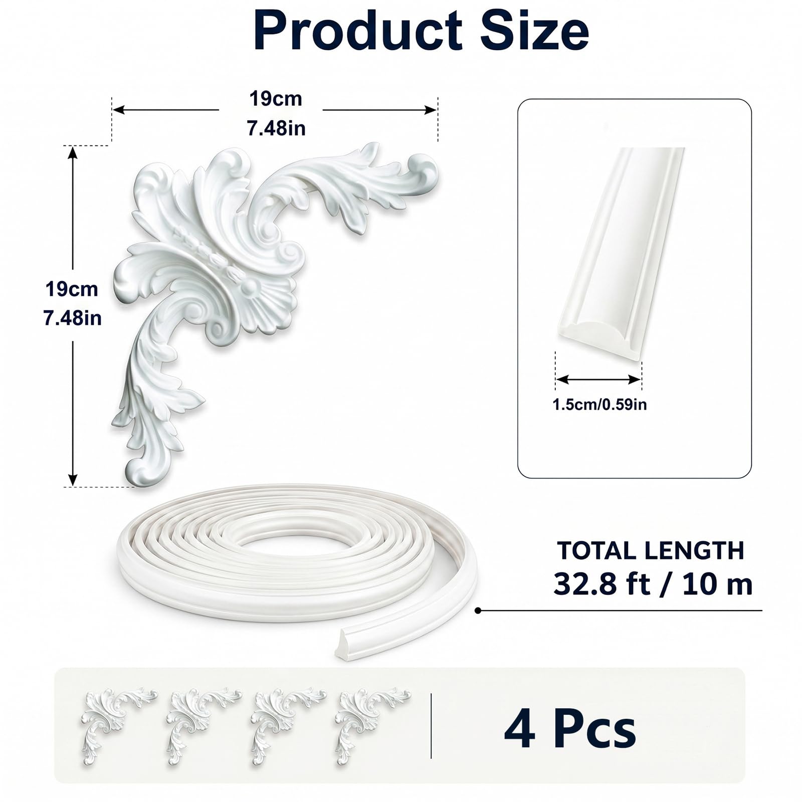 Kit De Molduras Decorativas para Pared Perfil PVC Y 4 Esquineros De PU Style H,10m
