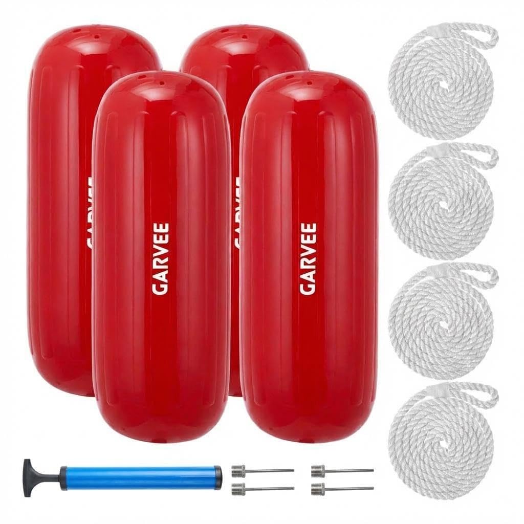 Garvee 4er-Set Aufblasbare Bootsfender 25,4 x 71,1 cm, Gerippte Mittelöffnung, Inklusive Seile Und Luftpumpe