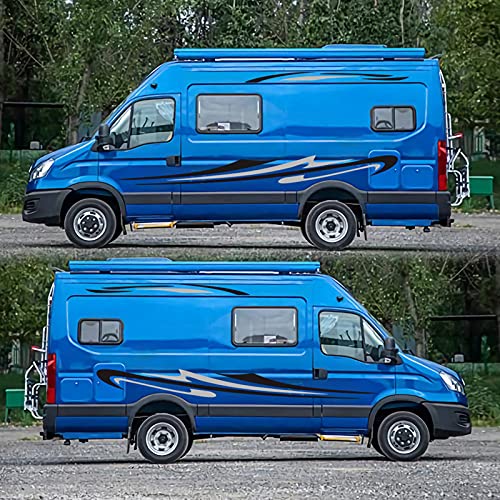 Car Long Side Vinyl Stripes Graphics Stickers Decals, Trailer Hauler Camper Vans Caravan Motorhome Large Decals/Graphics Self-Adhesive Decal Kits For Mercedes Sprinter (Black + Light Grey) #TOP3