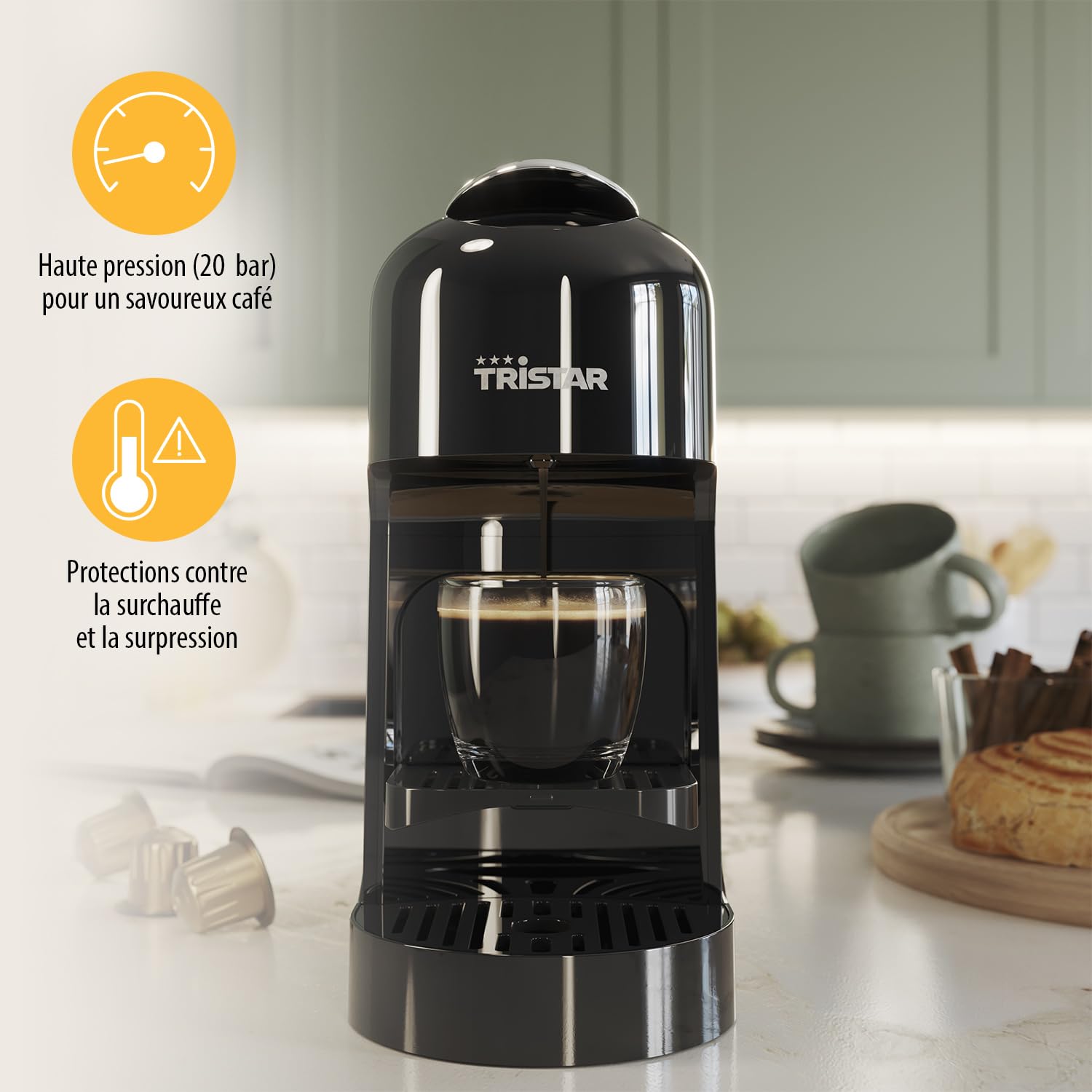 Tristar Machine à Café à Capsules, Réservoir 0,8 l, 1400 W, Compatible avec Capsules Nespresso, Bac d’égouttage Amovible, Arrêt Automatique, CM-2302