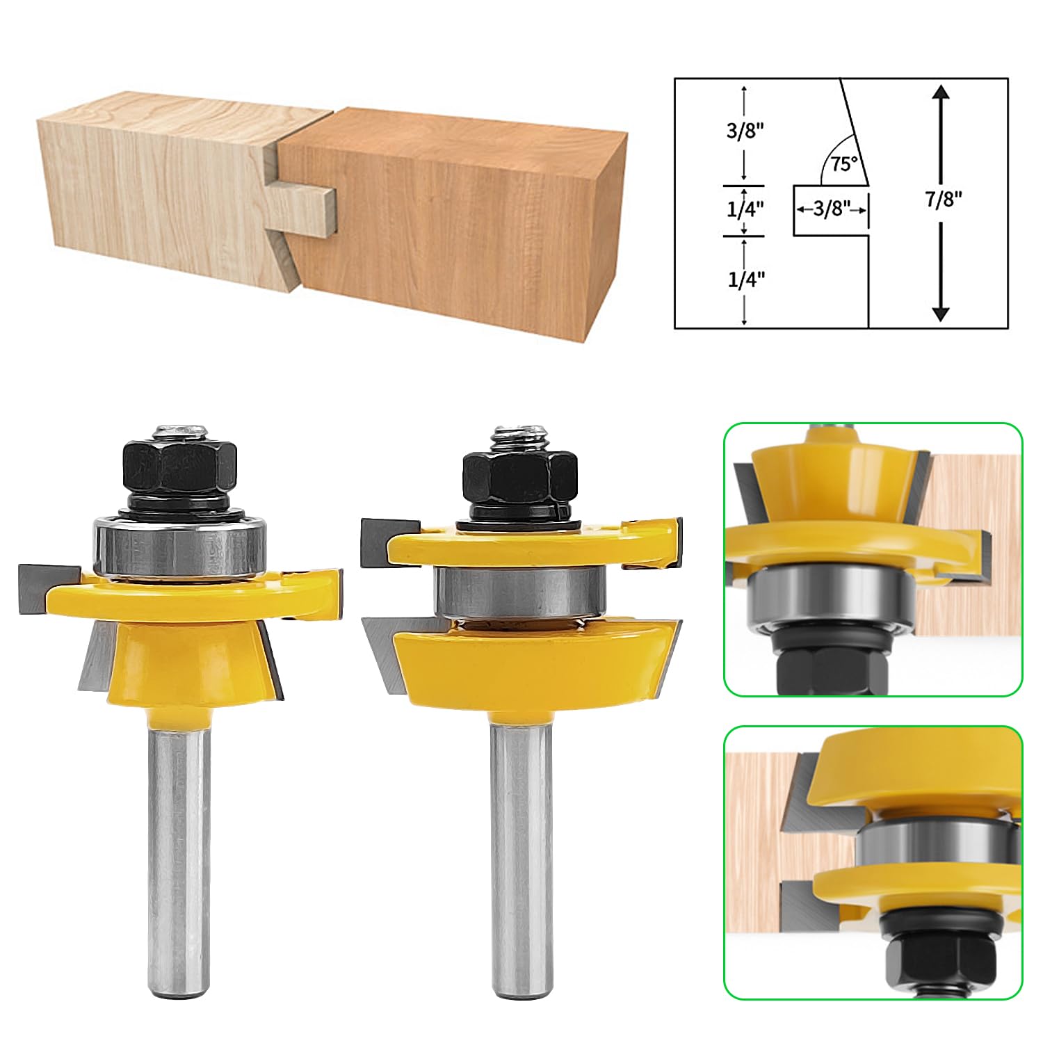 DingGreat 3-delige Bovenlager Freesbit Set – 8 Mm Schacht, 4-snijders, Voor Houtbewerking En CNC