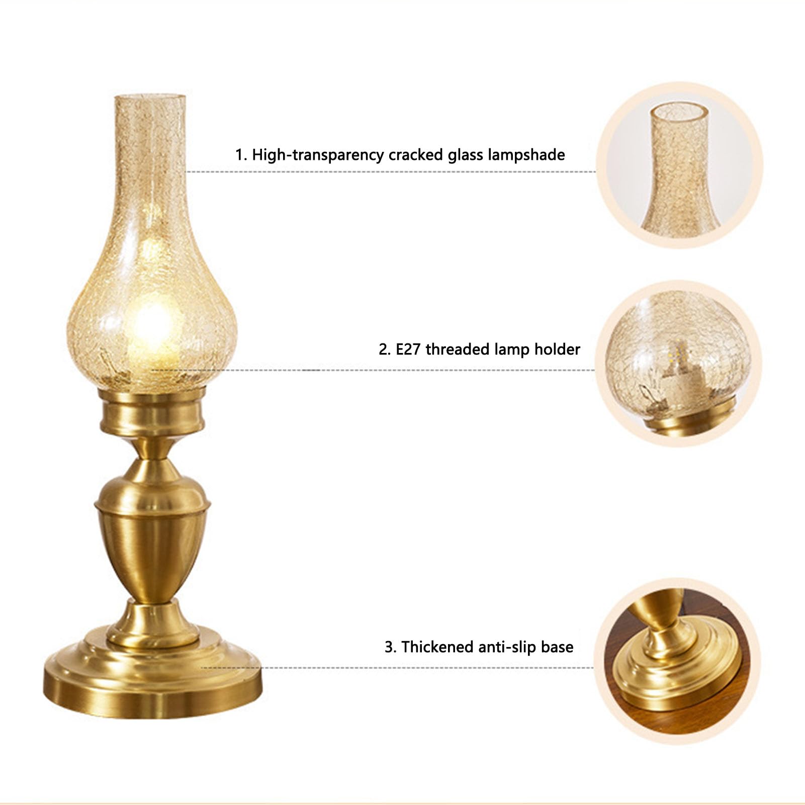 Hyuduo Stołowa W Stylu Vintage, Podłączana Rustykalna Lampka Nocna W Wiejskim Stylu Retro z Popękanym Szklanym Kloszem, Podstawa E27 Miedziany Słupek W Antycznym do Sypialni (wtyczka UE 220V)