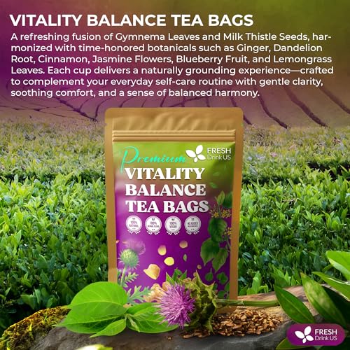 Image of FreshDrinkUS, Vitality Balance Tea Bags | 30 Count | Herbal Blend with Gymnema, Milk Thistle Seed, Fenugreek, Dandelion Root, Ginger, Orange Peel & Other Herbs - 100% Natural, Caffeine-Free Herbal Tea