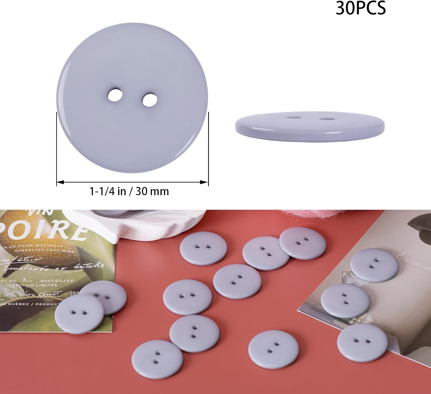 Lilaly 30pcs Grey Sewing Buttons, 1-3/16-inch (30MM) 2 Hole Large Buttons for Clothes, Craft, Sewing & DIY image 2