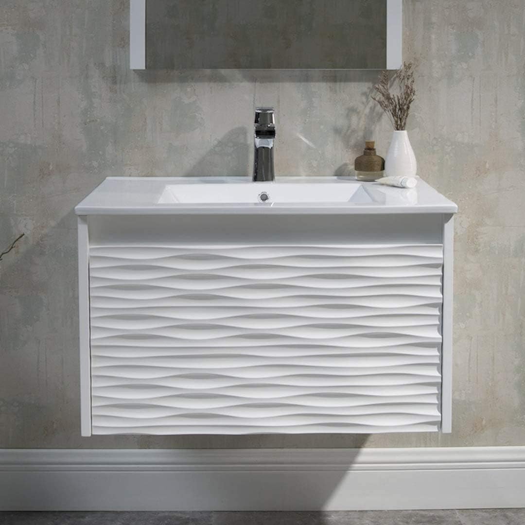 Blossom 30 Inch Floating Vanity and Ceramic Sink Combo | High-End Plywood Wall Mounted Bathroom Cabinet | Glossy White Modern Storage Vanity with Soft-Close System