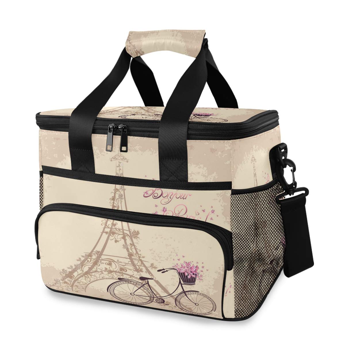 ALAZA Retro Floral Paris Eiffel Tower Large Cooler Insulated Picnic Bag Lunch Box for Adult Men Women