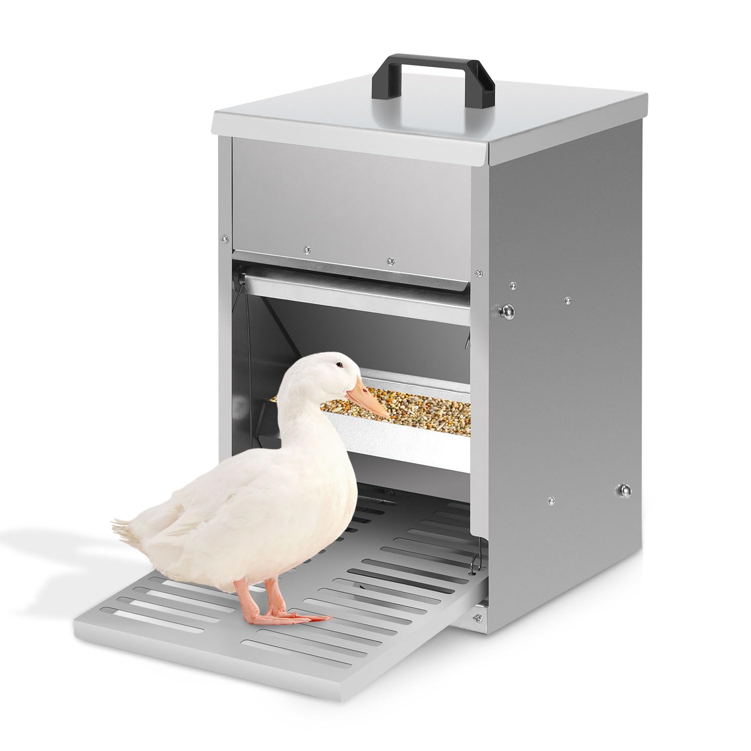 Futterautomat Hühner 5kg Feedomatic Automatischer Futtertrog mit Edelstahldeckel & Pedalzufuhr,2x Futterautomat Hühner Rattensicher Futterspender rutschfestem