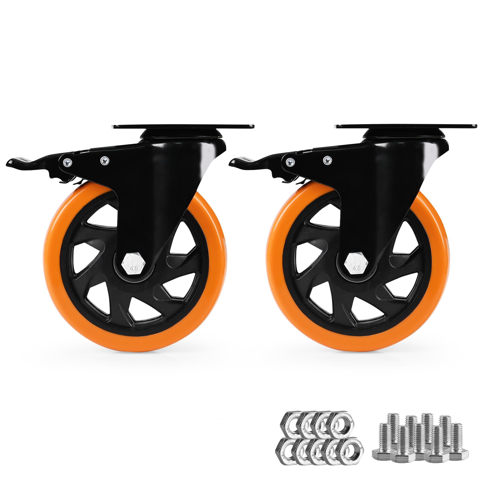 Caster Wheels, Heavy Duty 5 Inch Casters Set of 2, Locking Swivel Casters Wheels for Cart, Furniture and Workbench, Orange