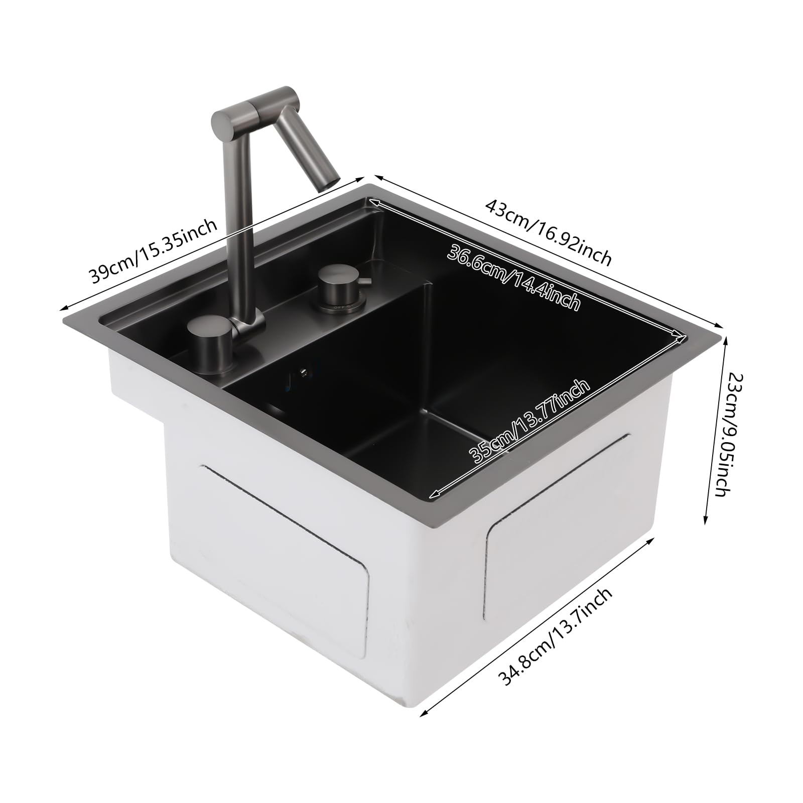 Fregadero de cocina para subplano, 39 x 43 x 23 cm, lavabo invisible que ahorra espacio con tapa, fregadero de acero inoxidable con grifo plegable, 1 bandeja empotrable, para bar, caravana