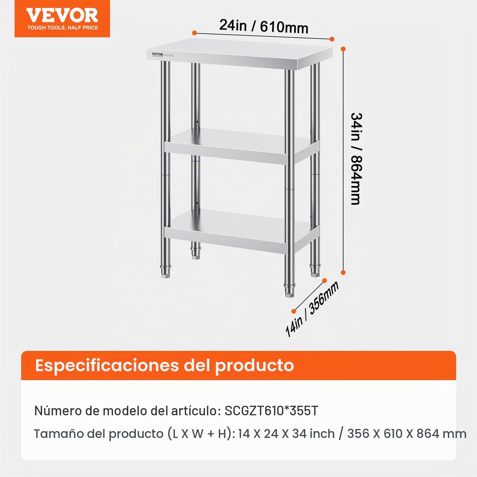 VEVOR Mesa de Preparación de Acero Inoxidable 356x610x864 mm con 2 Estantes Inferiores Ajustables para Cocina Comercial y Hogar