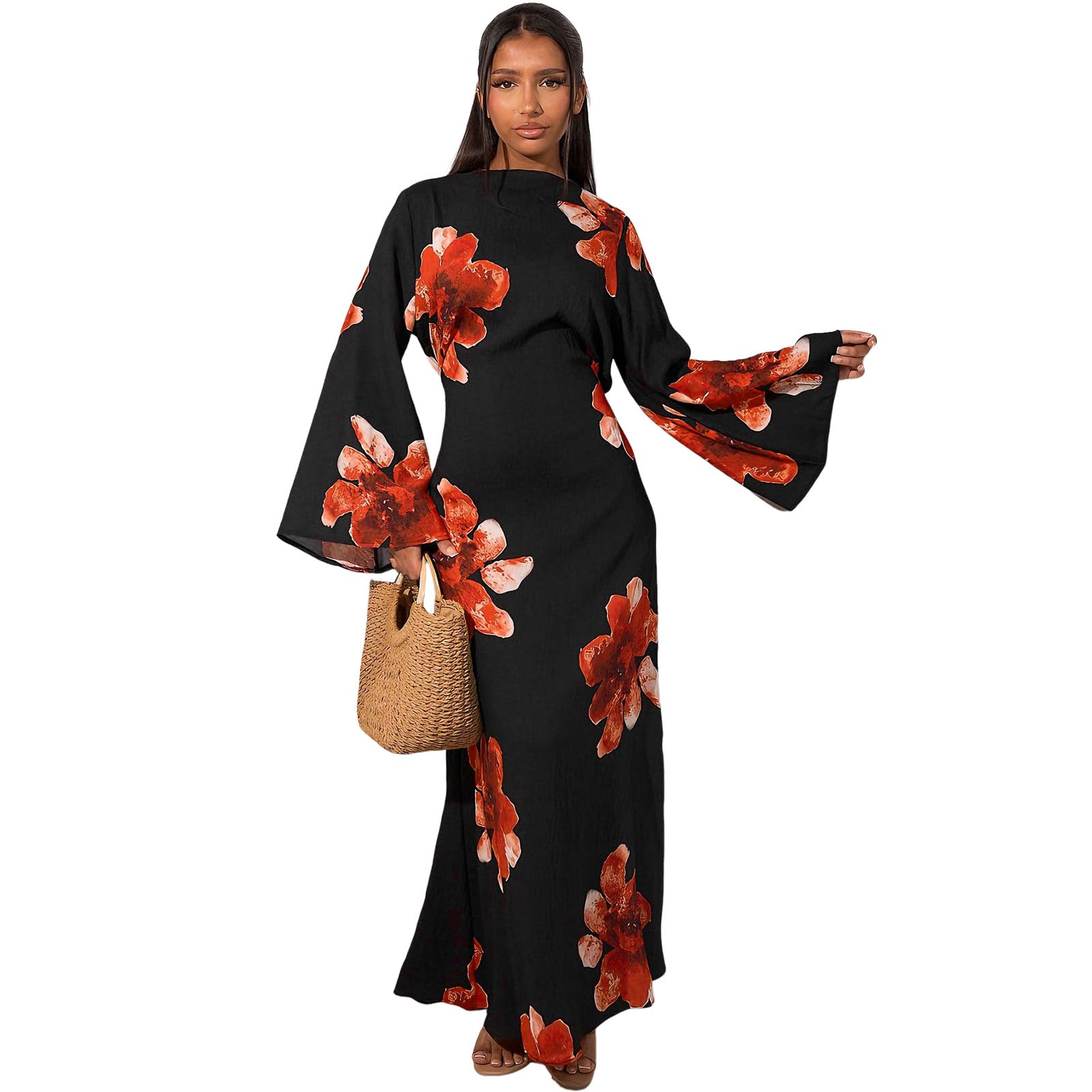 Women's Muslim Dresses Bell Sleeve Floral Print Maxi Dress Butterfly Abaya Dubai Kaftan Prayer Dress for Eid Ramadan